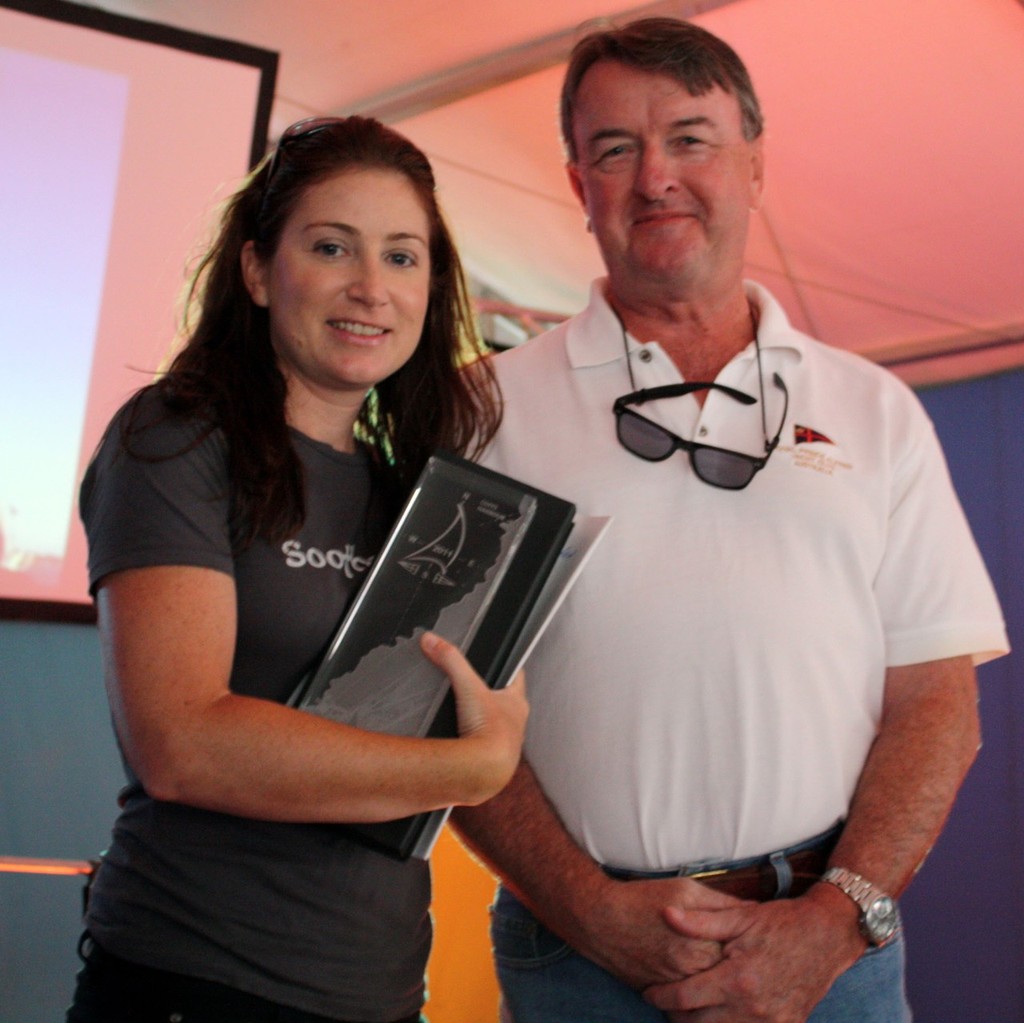 Jennifer Fitzgibbon ’Soothsayer’ collects her trophy in the Shorthanded Division from RPAYC Commodore Russell Murphy  - 30th Pittwater to Coffs Race © Damian Devine